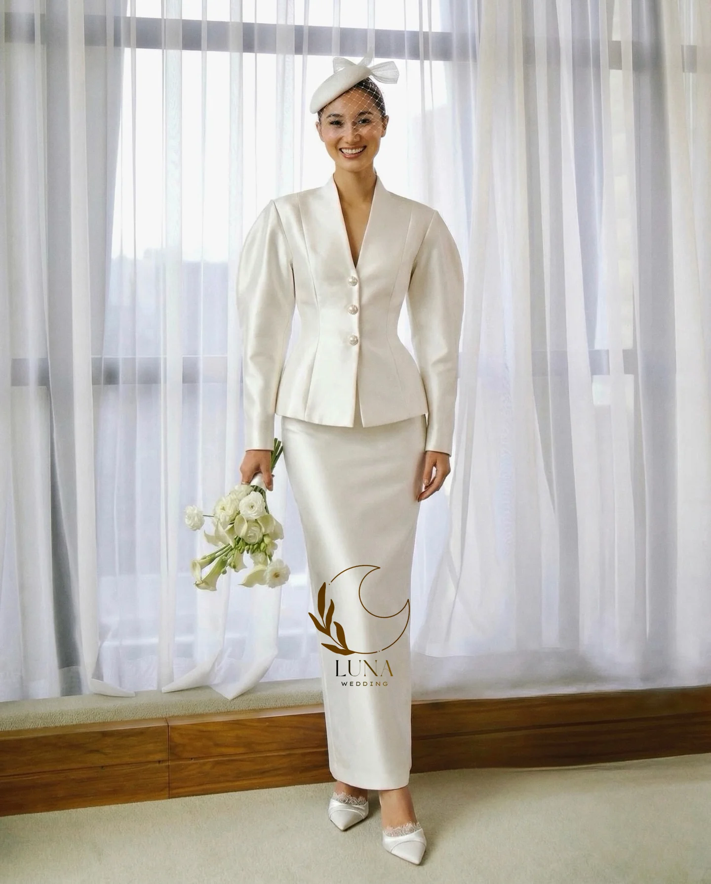 Luna Customized Modern Leg-of-Mutton Sleeves Wedding Dresses Satin 2 Pieces Single Breasted Civil Bridal Gown