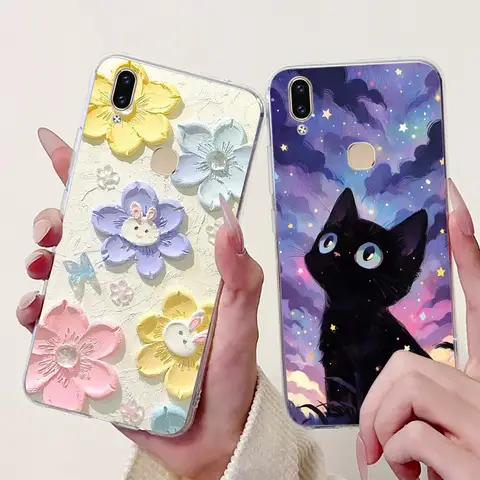 Phone Case For Vivo V9 V 9 Youth Y85 Z1i Z1 Lite 1851 1723 1726 1727 Elegant Floral Cat Printing Soft Silicone Clear TPU Cases
