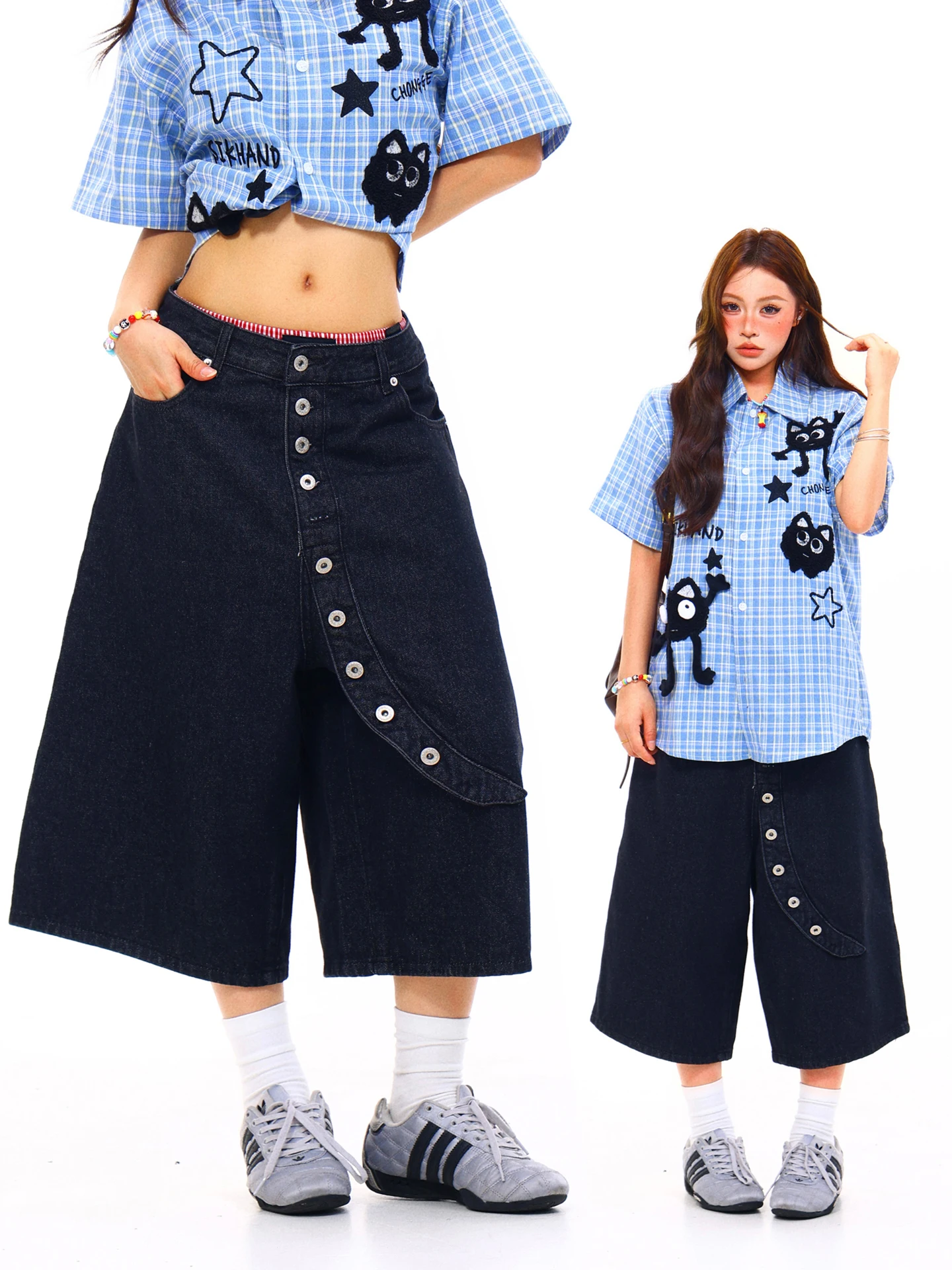 

Light Blue American Style Slant Button Denim Jeans Women's Summer Shorts Loose Fit Natural Waist Wide Leg Jeans