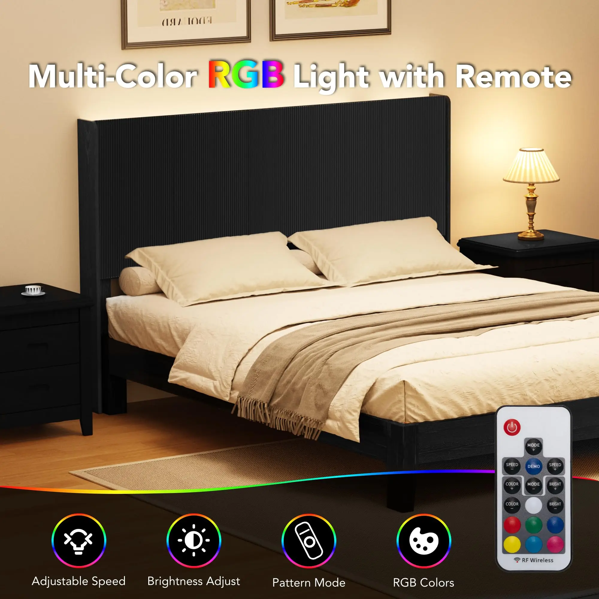 Fluted Headboard Queen Size, Modern Black Headboard with Lighting&Power Outlets, Wall Mounted Headboard Only with image 5