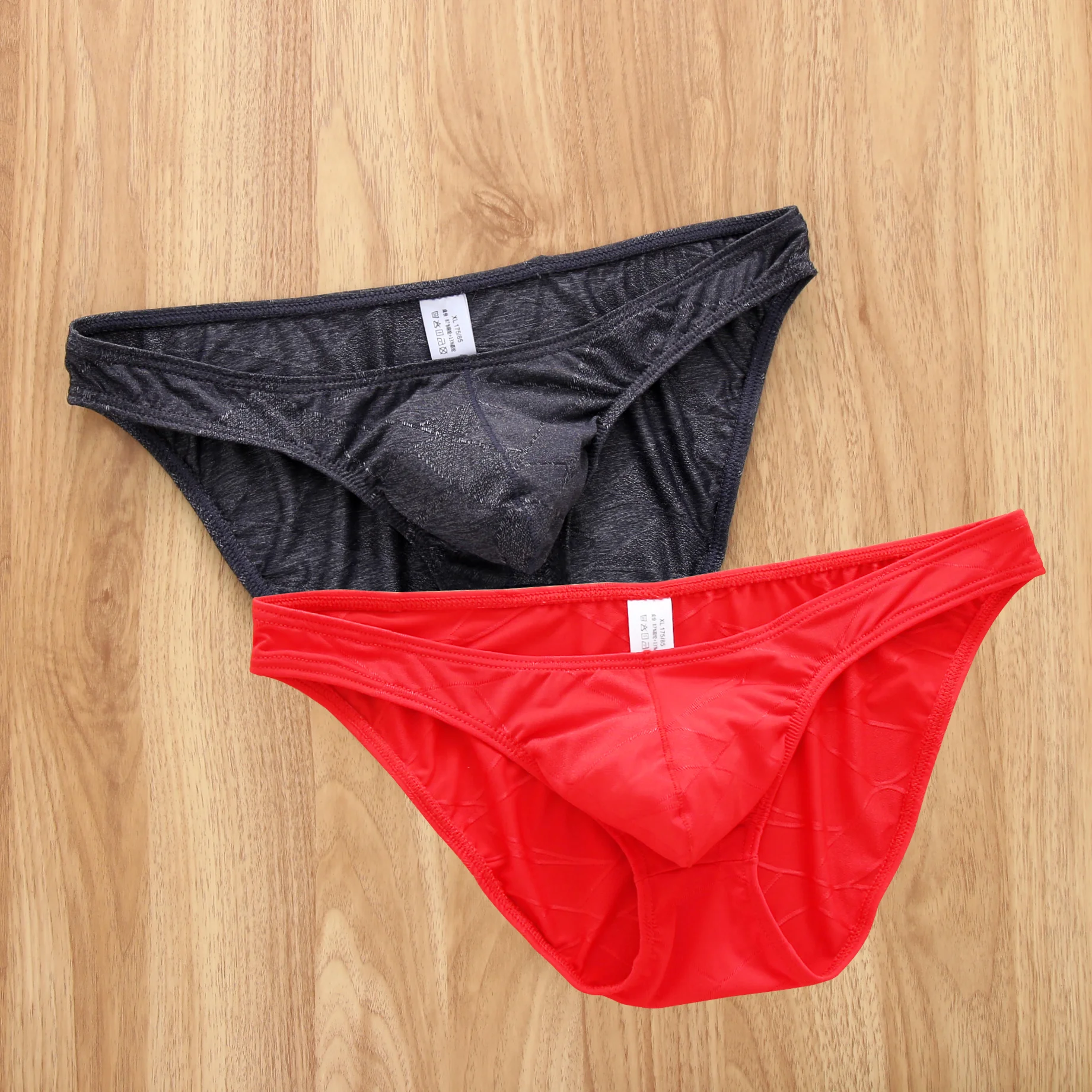 2PCS Hot Men\'s Sexy Ice Silk Skinny Briefs Comfy Breathable Low-Waist Underwear Men Ice Silk Low-waist  Bulge Convex pouch Red