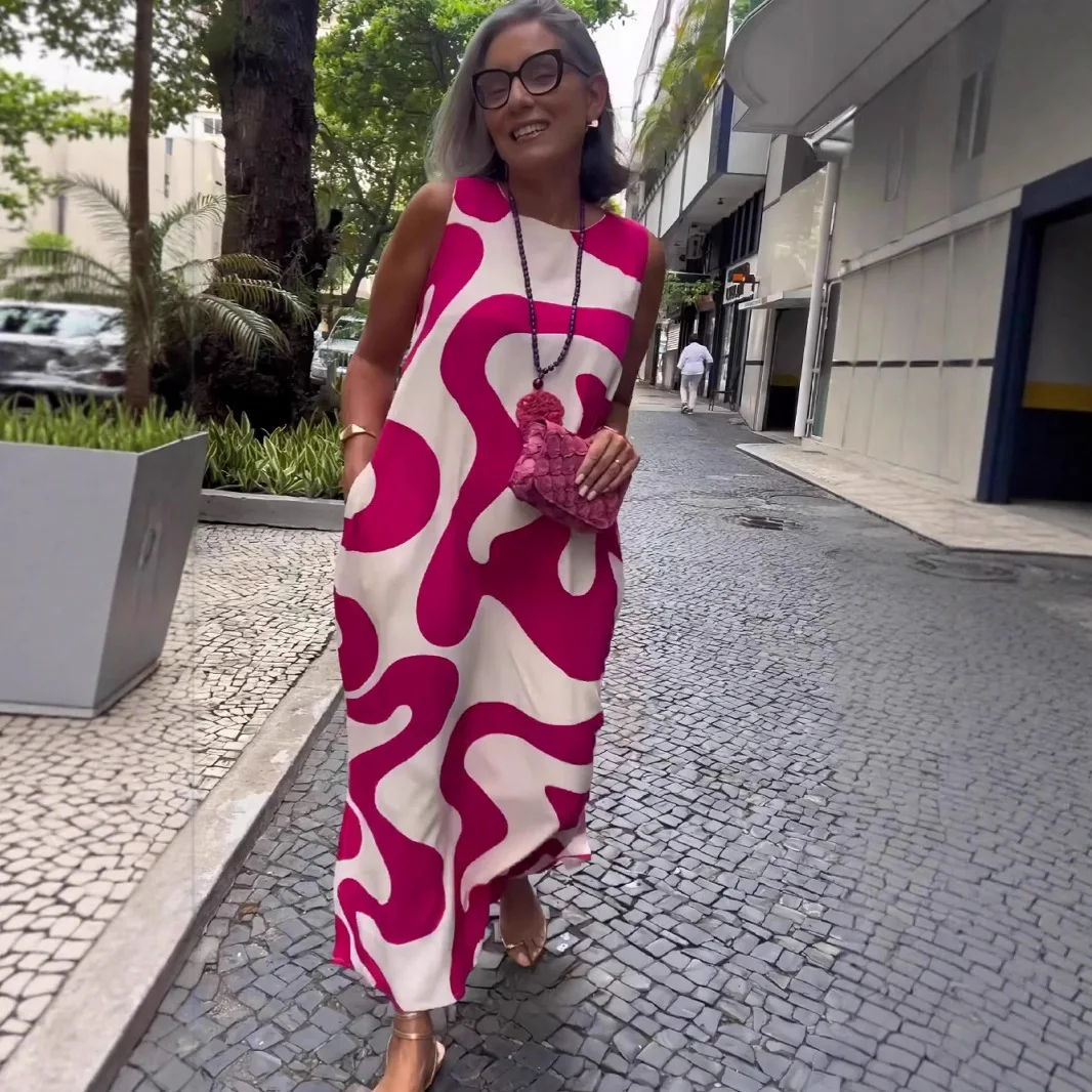 

Maxi Dress Women Print Long Dresses Round Neck Casual Sleeveless Spliced Slim Vocation Vestidos High Waist Beach Summer 2025