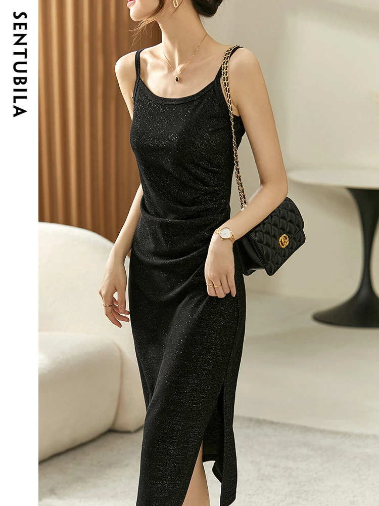 SENTUBILA Sequins Black Dress for Women 2024 Spring Summer Fashion Office Lady Split Sexy Slim Midi Knitted Dresses 123L44101