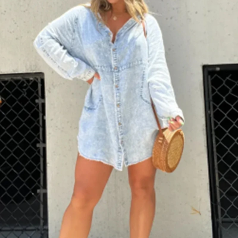 Loose Shirt Dress Denim 2024 New Jeans Dresses Women Casual Turn Down Collar Lantern Sleeve Single Breasted A Line Vestidos