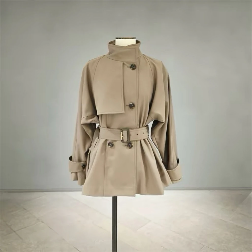 Classic Short Waist-Cinching Wide-Tailored Lapel Coat with Belt Autumn Commute Style Women's Loose Fit Long Sleeve Coat