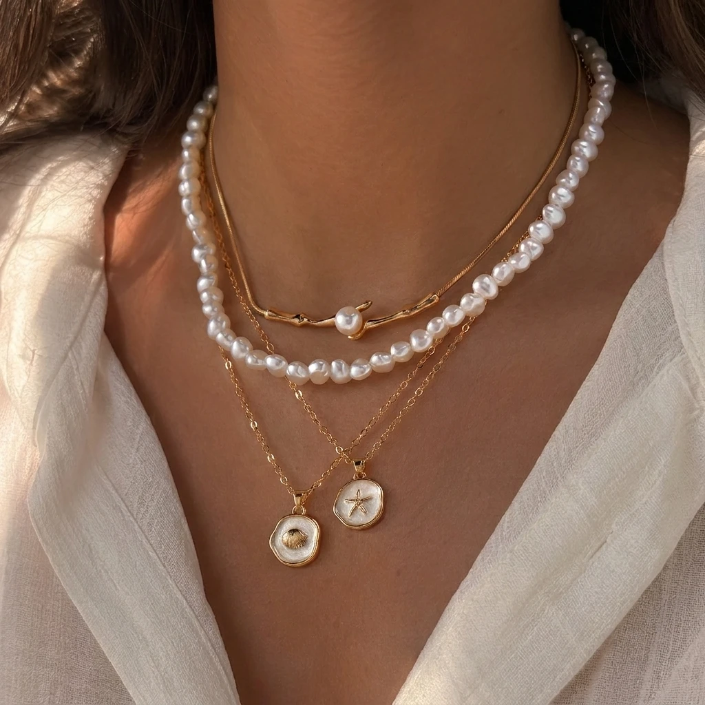 3 Layer Ocean Starfish Shell Baroque Pearl Stack Necklace For Women Gold Color Twisted Chain Summer Beach Vacation Jewelry Gift