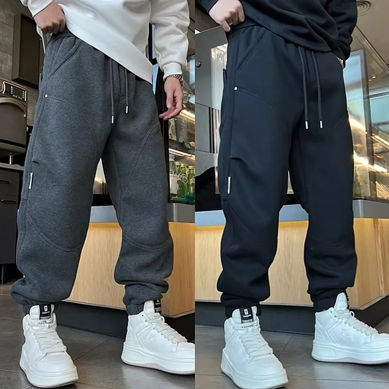 

Men's Fce Lined Thiened Pure Color Casual Pants Loose Fit Trousers Autumn Winter Faion Trendy Patchwork Elastic Waist