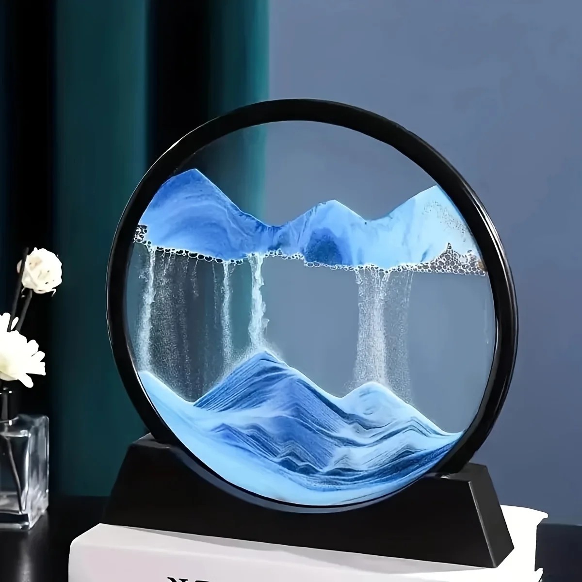 Dynamic Quicksand Desk Decor,Glass Moving Sand Art Dome for Home & Office,Blue red yellow 3D Flowing Sand Art Glass Decoration