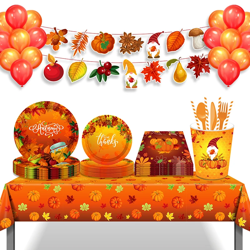 Thanksgiving Themed PartyPine Cones Maple Leaf Pumpkin Corn Pear Foil Balloons Birthday Party Decorations Disposable Tableware