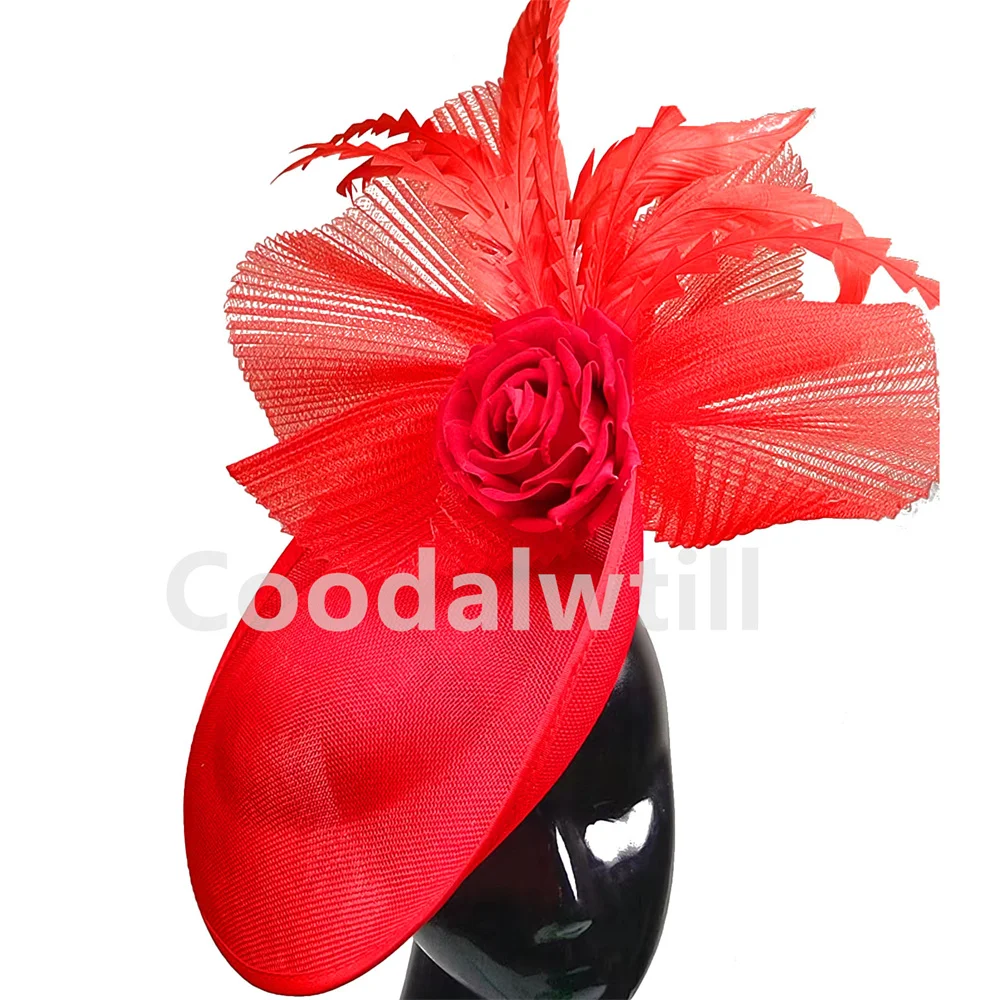 

Roayl Ascot Red Flower Fascinators Wedding Hat Headband Elegant Church Pillbox Cap Women Marriage Event Millinery Cap Bride