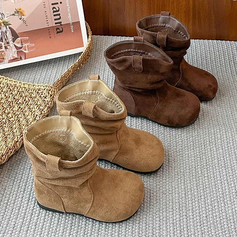 

Осень-зима 2022, новые детские короткие сапоги, универсальные детские кожаные сапоги в корейском стиле, детские ботинки принцессы с круглым носком, мягкие ретро-сапоги