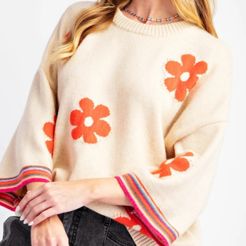 

2025 Spring and Autumn Jacquard Contrast Quality Knitted Women's Sweater