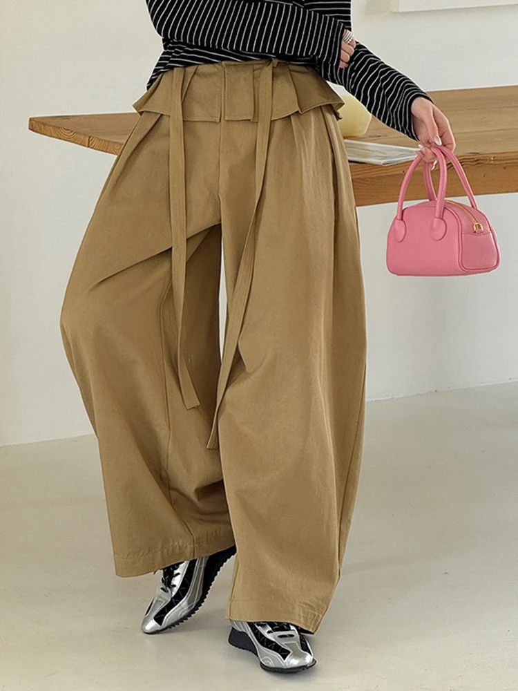 YERMORA High Elastic Waist Khaki Fake Two Pieces Drawstring Wide Leg Pants For Women Loose Trousers Fashion Spring Autumn 2026