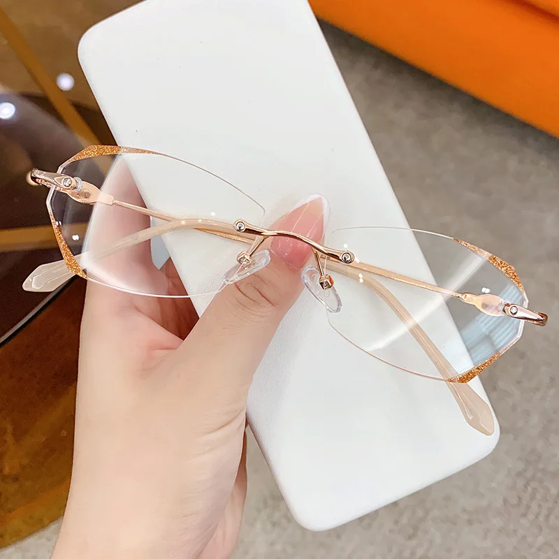 

2022 Luxury Rose Gold Reading Glasses Irregular Diamond Cut Edge Degree Elegant Elderly Glasses Rimless Presbyopia Glasses Lady