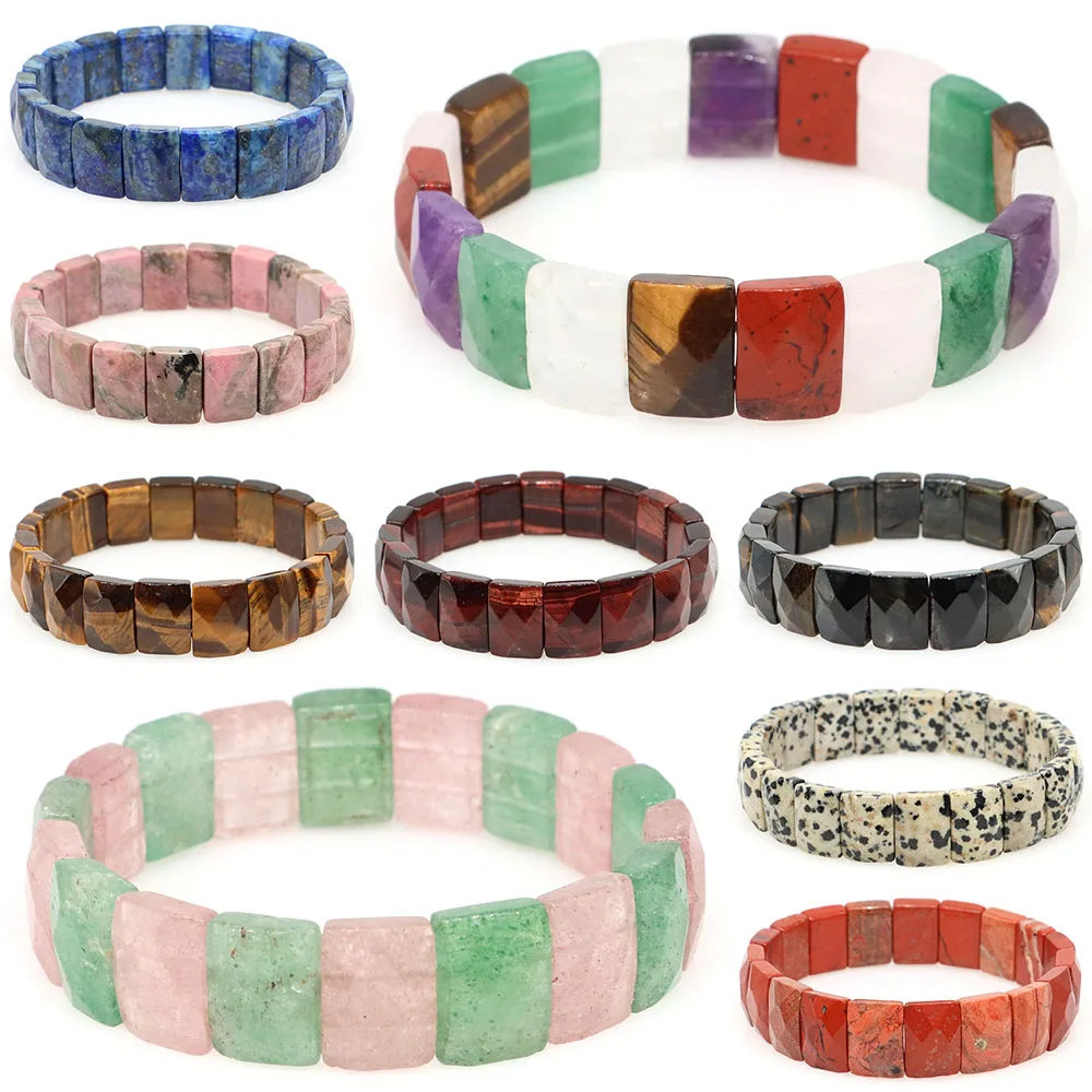 10x15mm Natural Stone Square Beads Bracelets for Women Men Healing Crystal Faceted Rectangle Stretch Bangle Wrist Jewelry Gifts