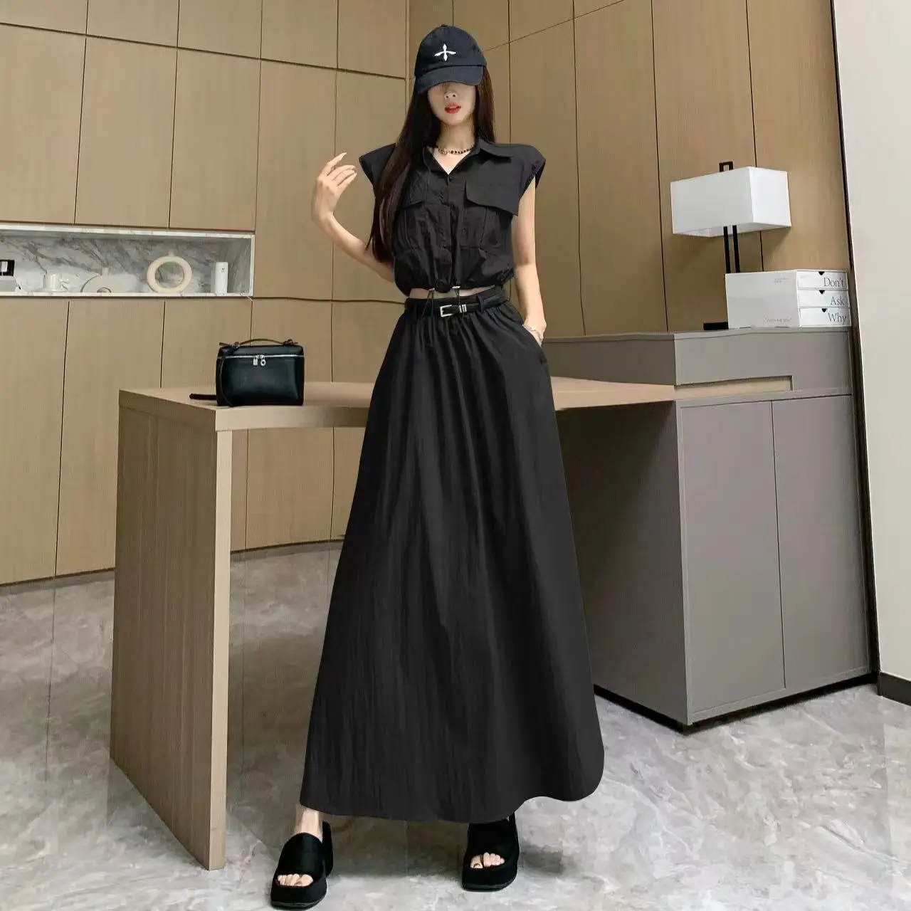 

American workwear style set for women's summer new sleeveless lapel pocket top+high waist slimming casual large skirt