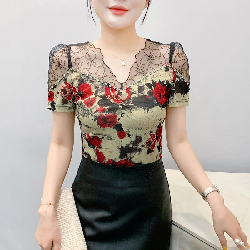 

2025,New,Summer,Clothes,T-Shirt,Fashion,Sexy,V-Neck,Shiny,Diamonds,Print,Flower,Spliced,Mesh,Women,Tops,Short Sleeve,Tees,55063
