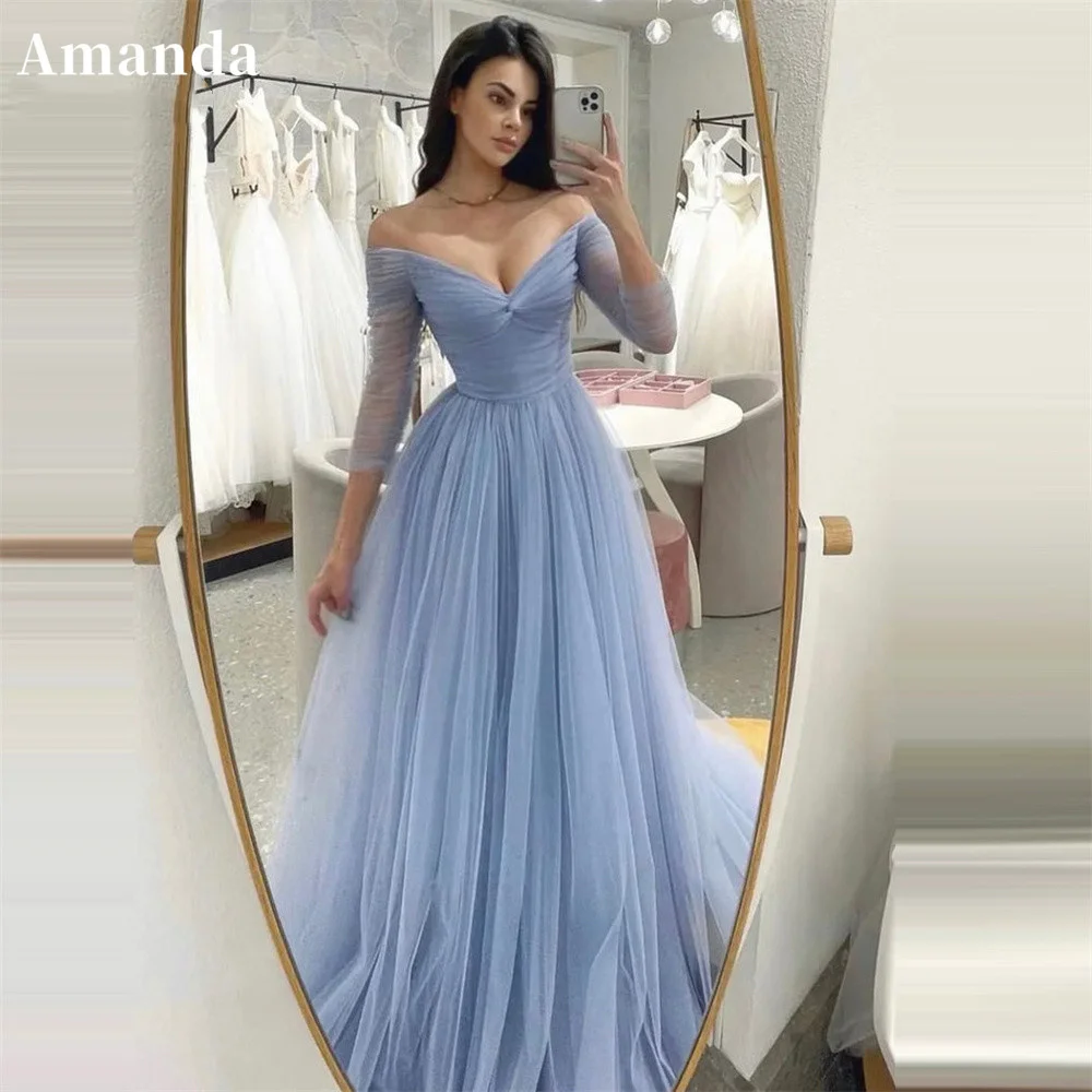 Amanda Babyblaues A-Linien-Abendkleid mit langen Ärmeln, maßgeschneidertes sexy Partykleid mit V-Ausschnitt, elegantes Tüll-Abschlussballkleid 2024