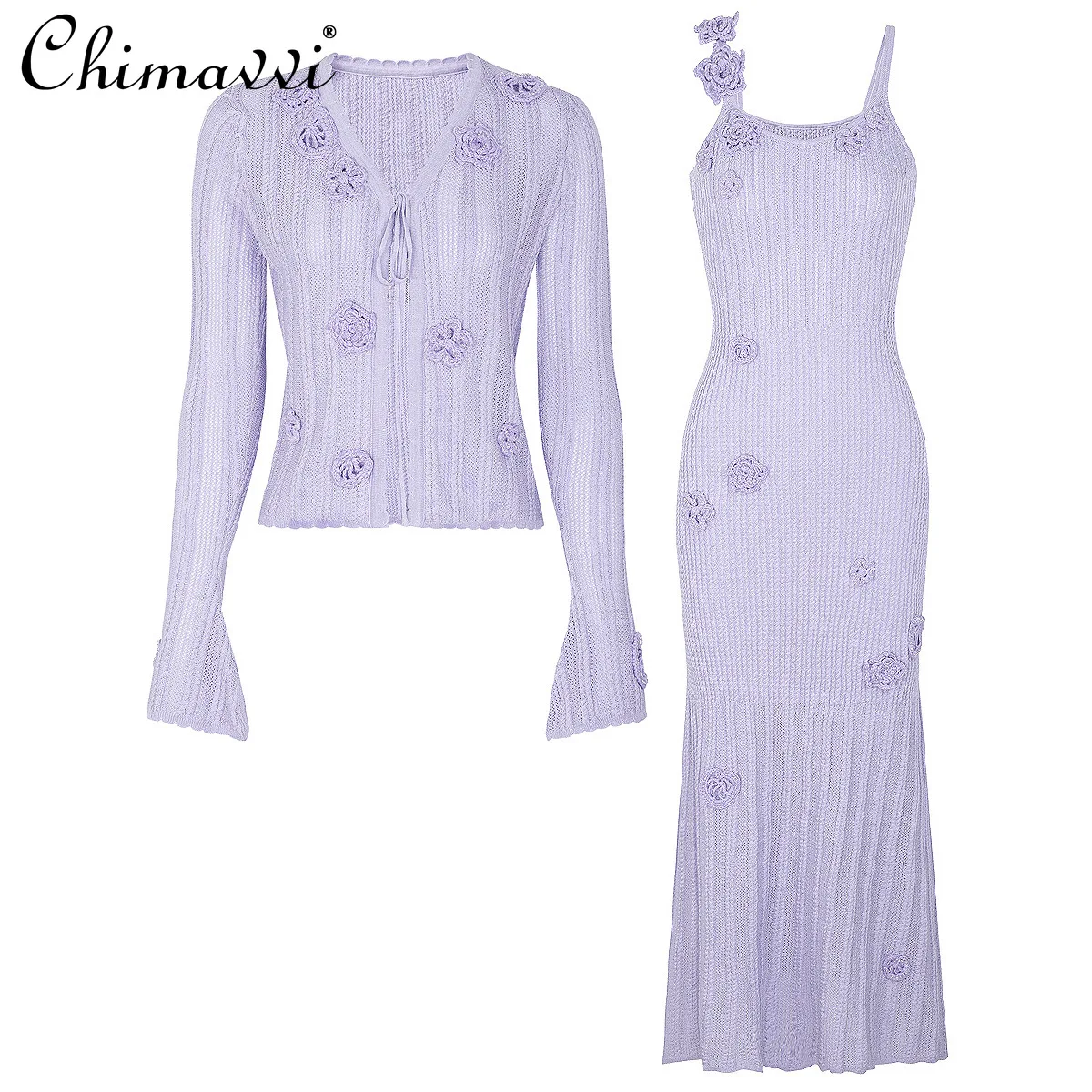 

2025 Autumn New Fashion Crochet Long Sleeve Women's Knitted Cardigan Top + Slim Fit Long Strap Dress Set Elegant Two-Piece Set