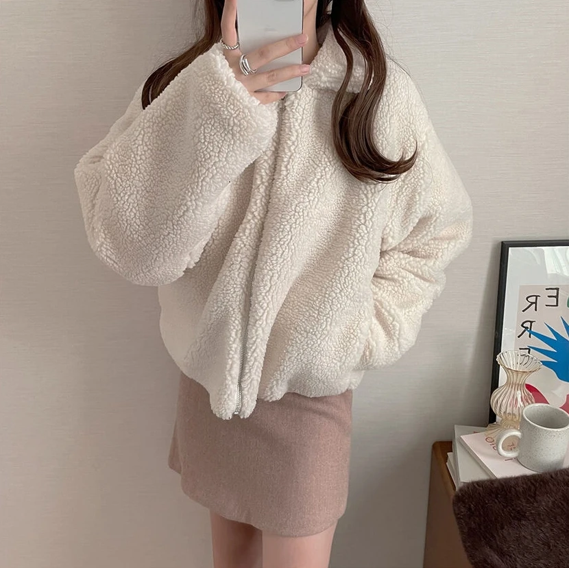 Women Korean Style Lapel Lamb Wool Thickened Warm Short Jackets Autumn Winter Solid Color Versatile Casual Straight Zipper Coats