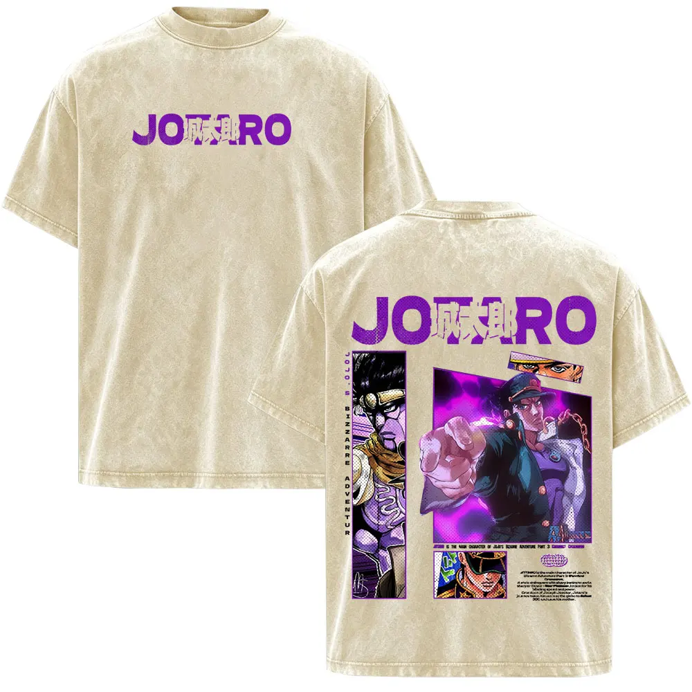 Anime JoJo Bizarre Adventure Kujo Jotaro Vintage Washed T-shirt Men Women Clothing Fashion Harajuku Short Sleeves T Shirts Tops