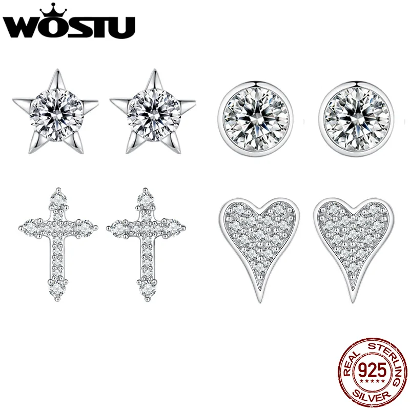 WOSTU Real 925 Sterling Silver Star Stud Earrings For Women AAA Shiny Zircon Cross Ear Screw Studs Top Quality Jewelry Gift