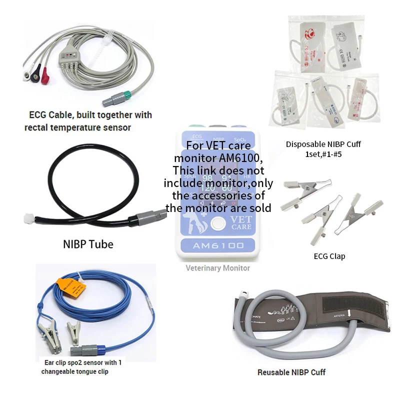 NIBP Tube Animal Ear Clip Spo2 Sensor Tongue Clip EGC Cable NIBP Cuff For VET Care AM6100 Monitor(does not  include Monitor )