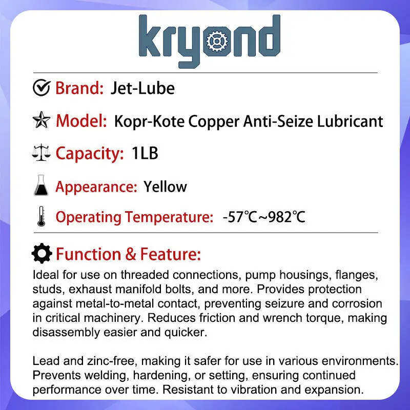 Jet-Lube Kopr-Kote Copper Anti-Seize 1LB Lubricant Provides Protection to Metals