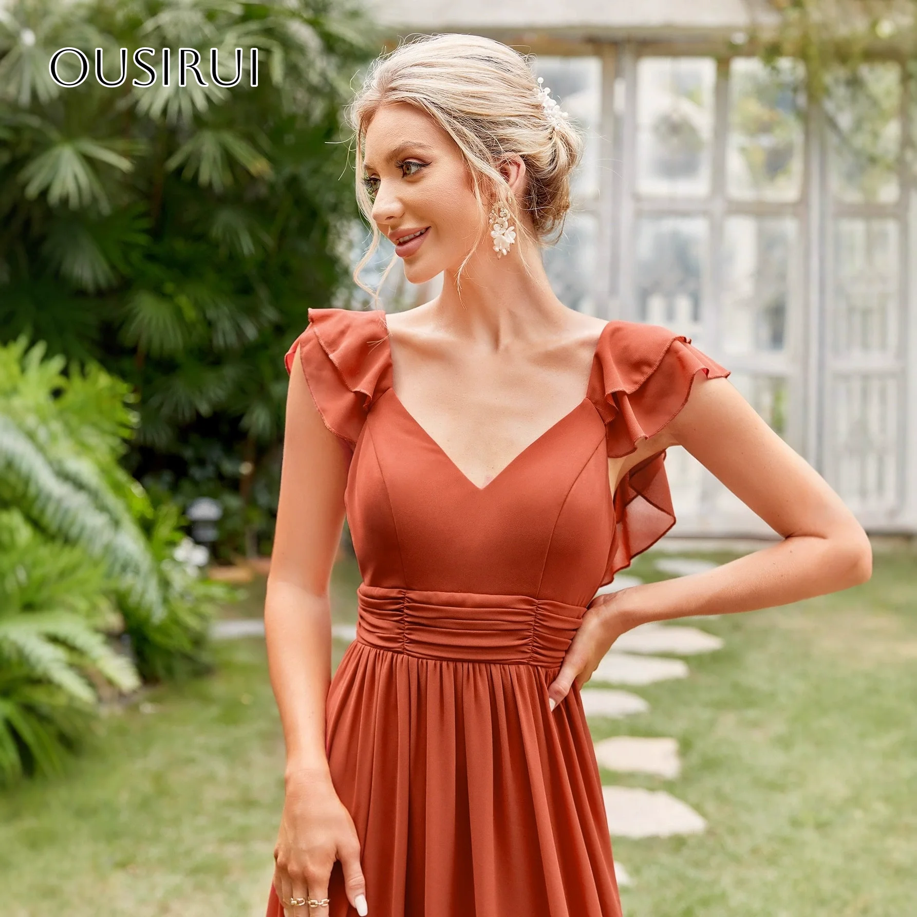 Vestidos de baile linha A de chiffon com decote em V com babados até o chão sem mangas personalizados пла IHEе на выпускной