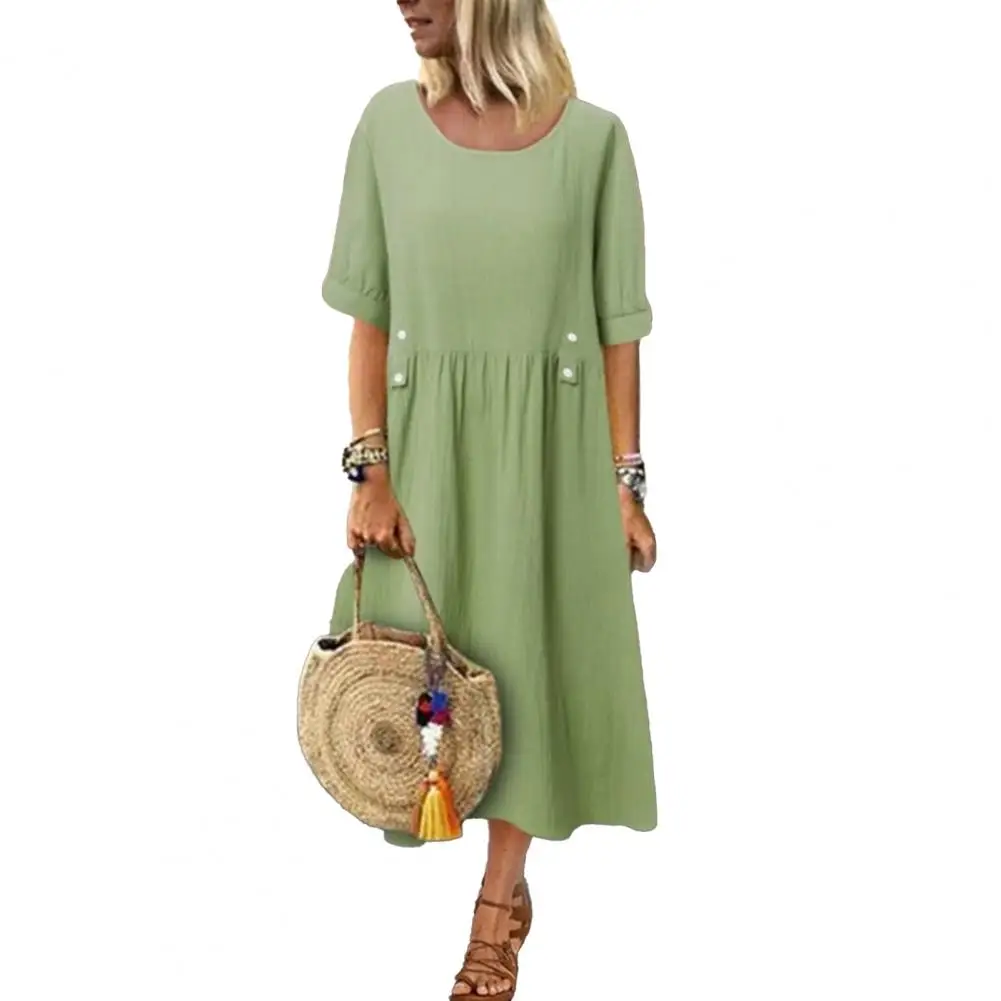 Women Dress Loose Fit Mid Length Double Pockets Button Decoration Round Neck Short Sleeve Boho Style Summer Dress Workwear