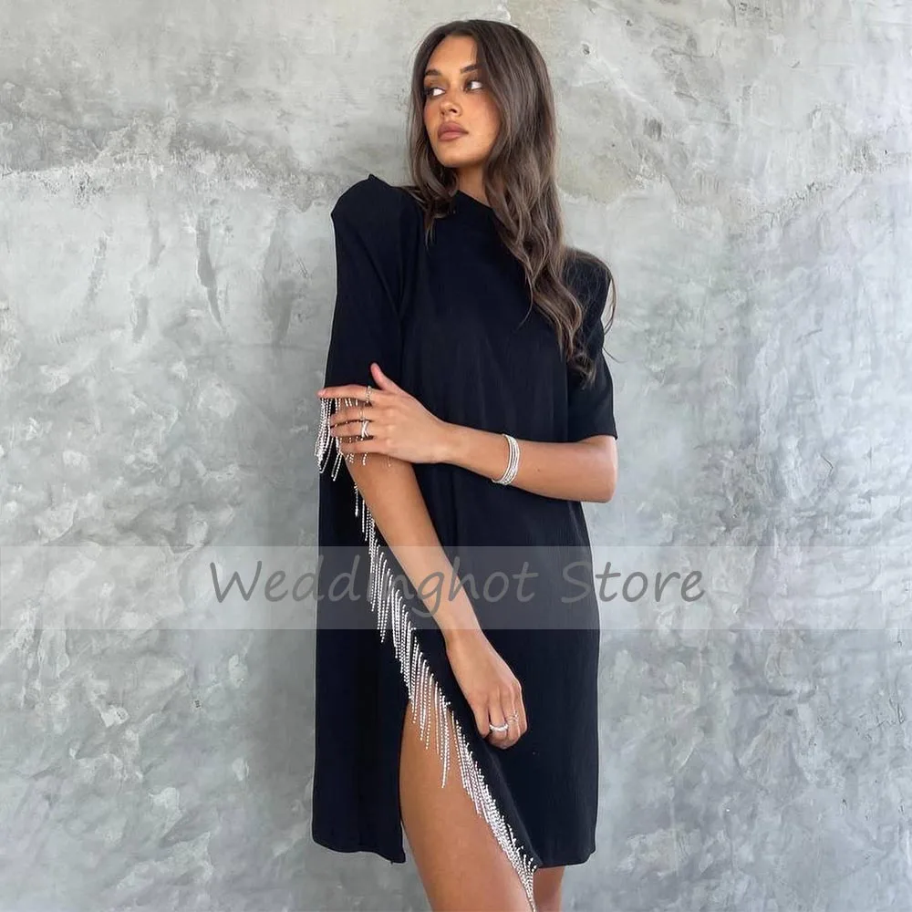 Black Party Dresses for Women Column High Collar Half Sleeves  Gowns Mini Sparkle Crystal Tassel Short Cocktail Dress 2023