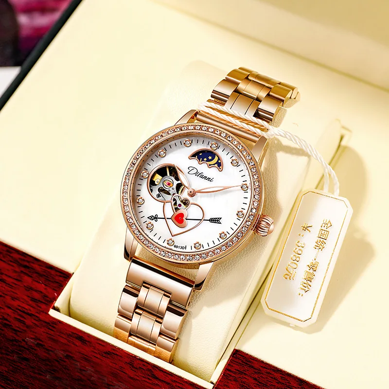 Stainless Steel Sun-Moon-Star Skeleton Tourbillon Luminous Waterproof Self-Wind Automatic Watch for Women