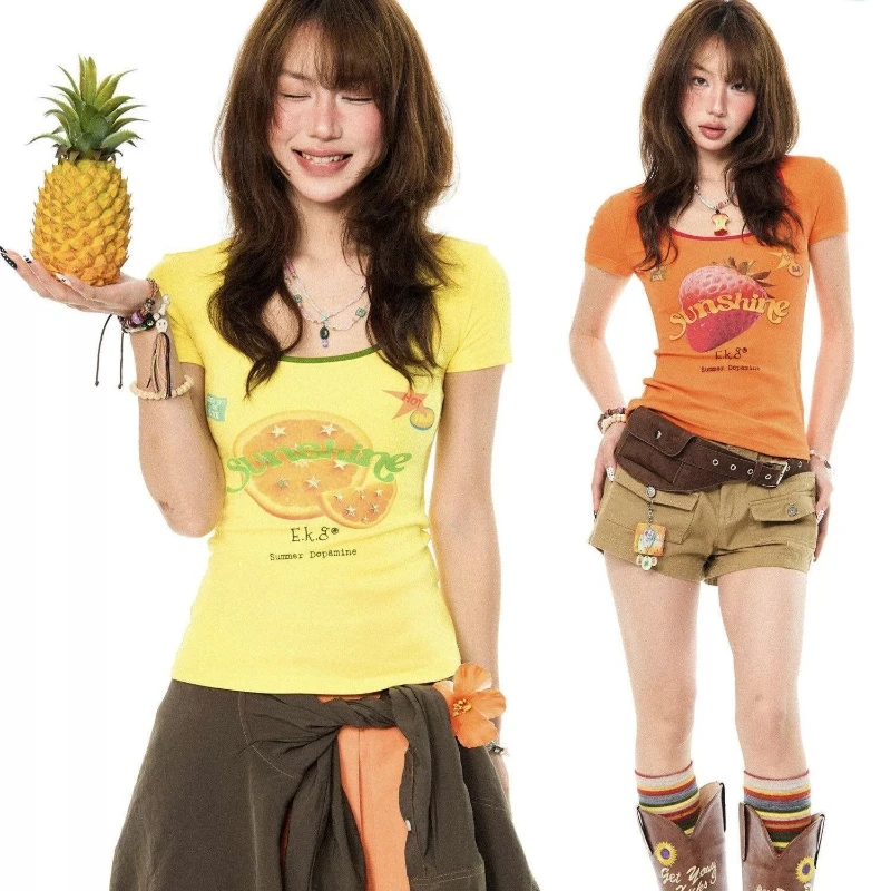 

HOUZHOU Y2k Juminocore T Shirts Women American Retro Spicy Girl Yellow Tees 2000s Slim Short Sleeve Graphic T-Shirt Aesthetics