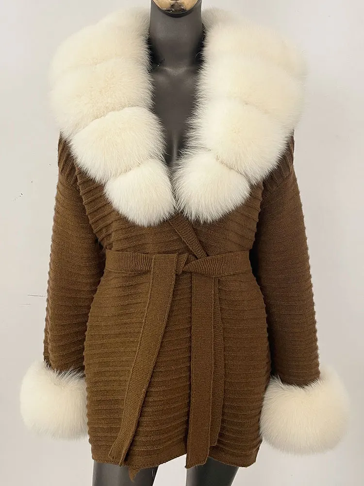 2025 nuova primavera autunno donna cintura maglieria caldo maglione di vera pelliccia di volpe cardigan lavorato a maglia oversize femminile abbigliamento femminile