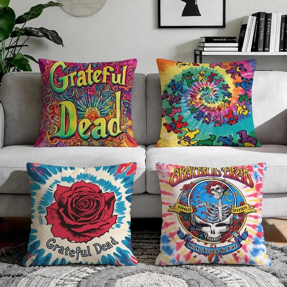 Band G-Grateful Dead Boho Chic Cushion Cover Organic Natural Linen Pillowcase with Double Sided Print for Sofa Home Decor Gift