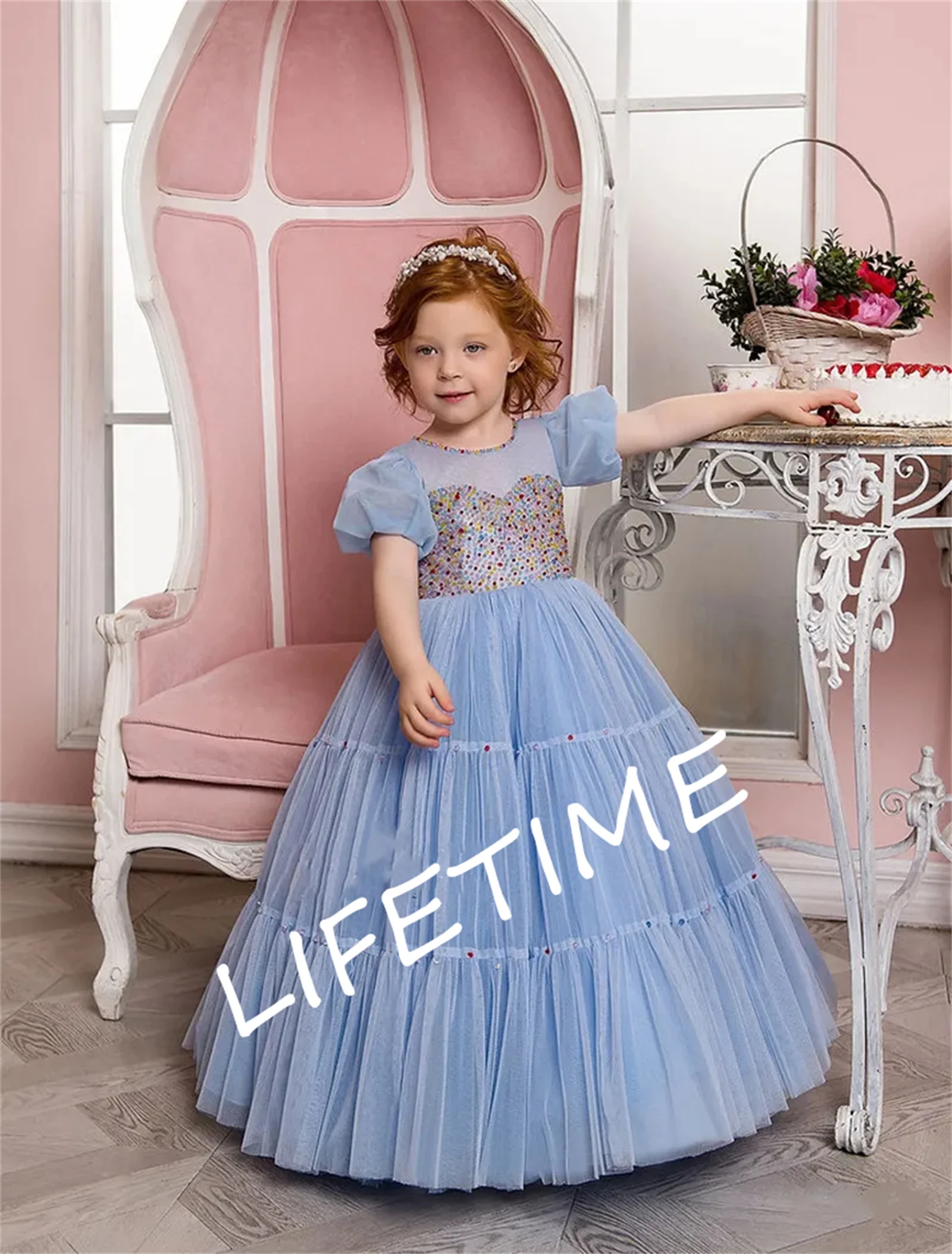 Elegant Blue Flower Girl Dress for Wedding Tulle Short Sleeves Layered Birthday Ball Gown Beauty Pageant First Communion Wear