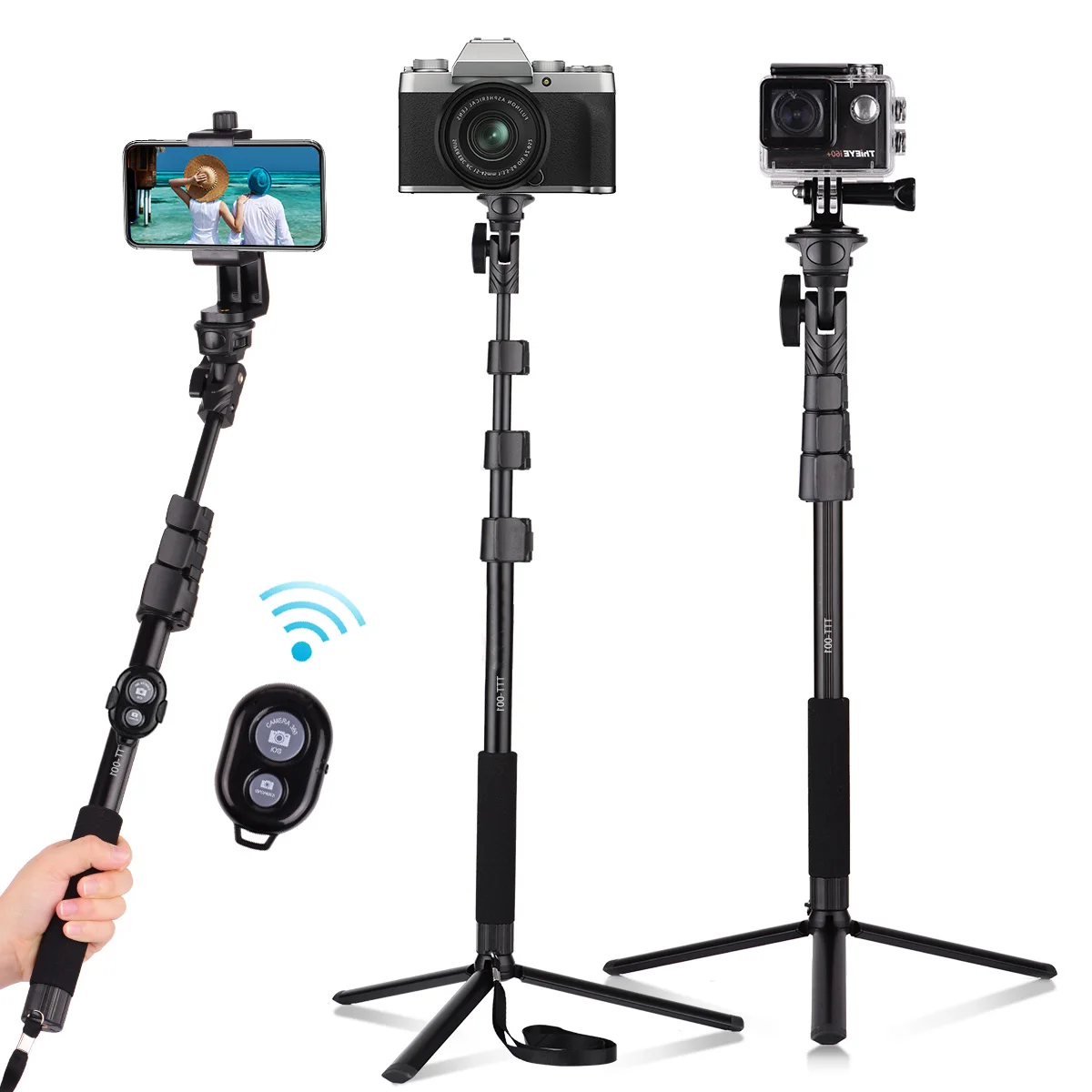 54in Extendable Selfie Stick Tripod Stand Aluminum Alloy with Detachable Desktop Tripod Phone Holder Sports Camera Mount Adapter