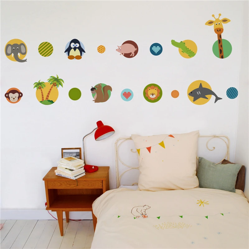 Creative Animal Circles Wall Stickers Kids Room Decoration Nursery Mural Art Decal Monkey Giraffe Frog Owlet Safari Home Decor