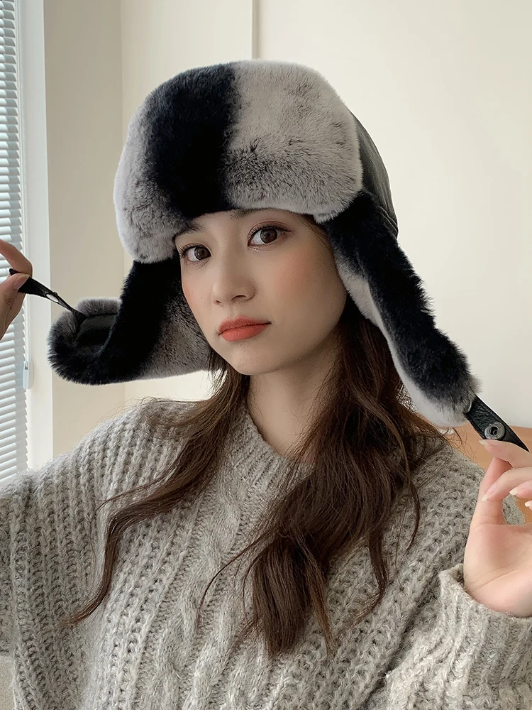 

Outdoor Windproof Winter Natural Rex Rabbit Fur Bomber Hats Luxury Genuine Sheepskin Leather Caps with Earflap