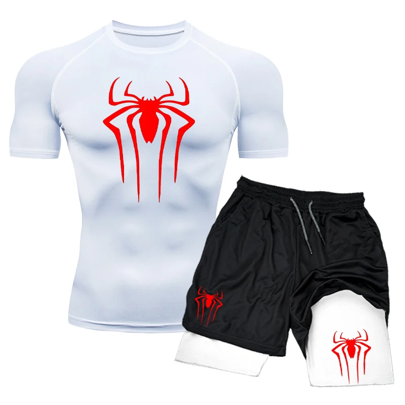 Camisa de compresión de entrenamiento para hombre, camisetas de gimnasio con estampado de araña, pantalones cortos transpirables para correr,