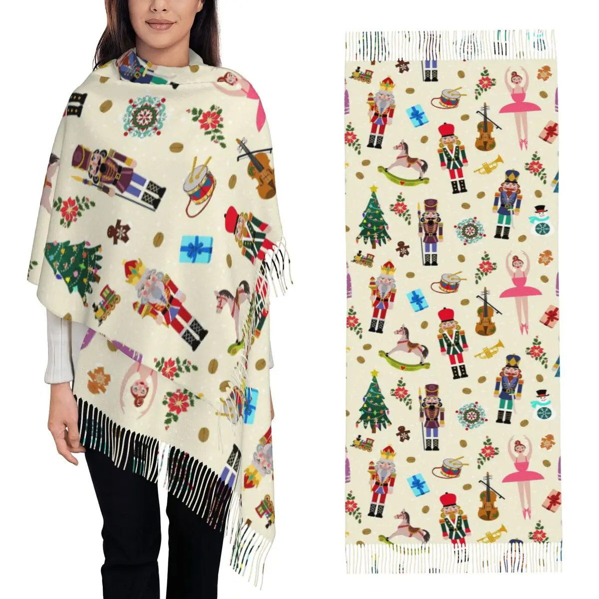Christmas Nutcrackers Stars Ballerina Violin Scarf Tassel Scarves for Women Soft Warm Shawls and Long Fall Winter Shawl Wraps