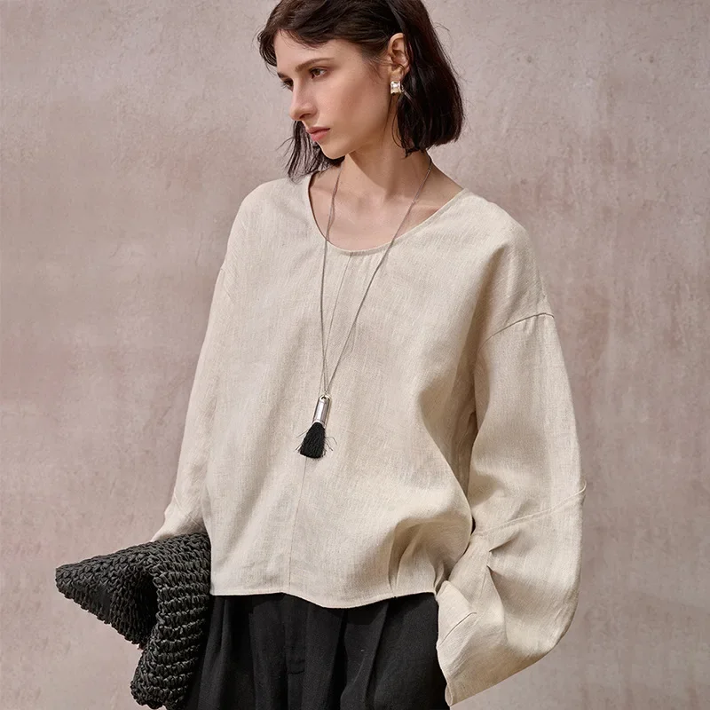 2026 new loose women's long sleeved shirt Pure linen women's top three-dimensional cut early spring niche linen T-shirt