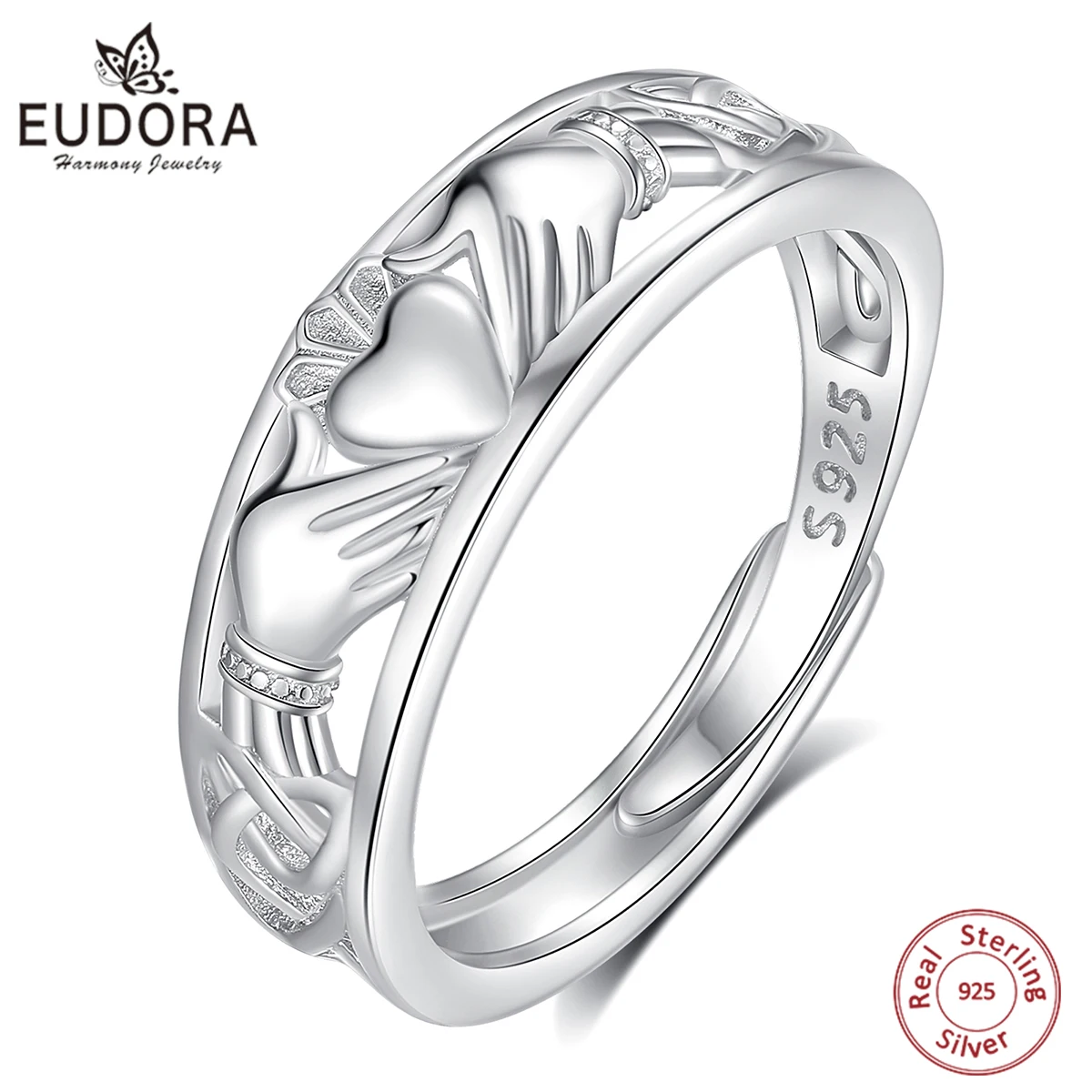 

Eudora 925 пробы Серебряное кольцо с сердцем и регулируемыми ручками для мужчин и женщин, элегантное кельтское амулет с узелком, кольцо, Трендовое ювелирное изделие, подарок на вечерние