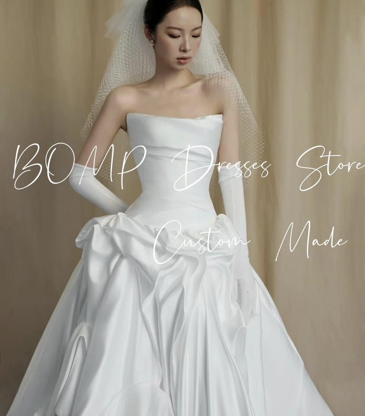 BOMP Klassisches Brautkleid mit Falten, trägerlos, A-Linie, bodenlang, weißer Taft, Korea-Fotoshooting, Braut-Empfangskleid, individuell