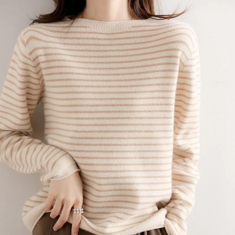 Women Sweater Casual Autumn Winter O-neck Stripe Pullovers Long Sleeve Fashion Korean Bottoming Shirt Basic Warm Knitwear Jumper