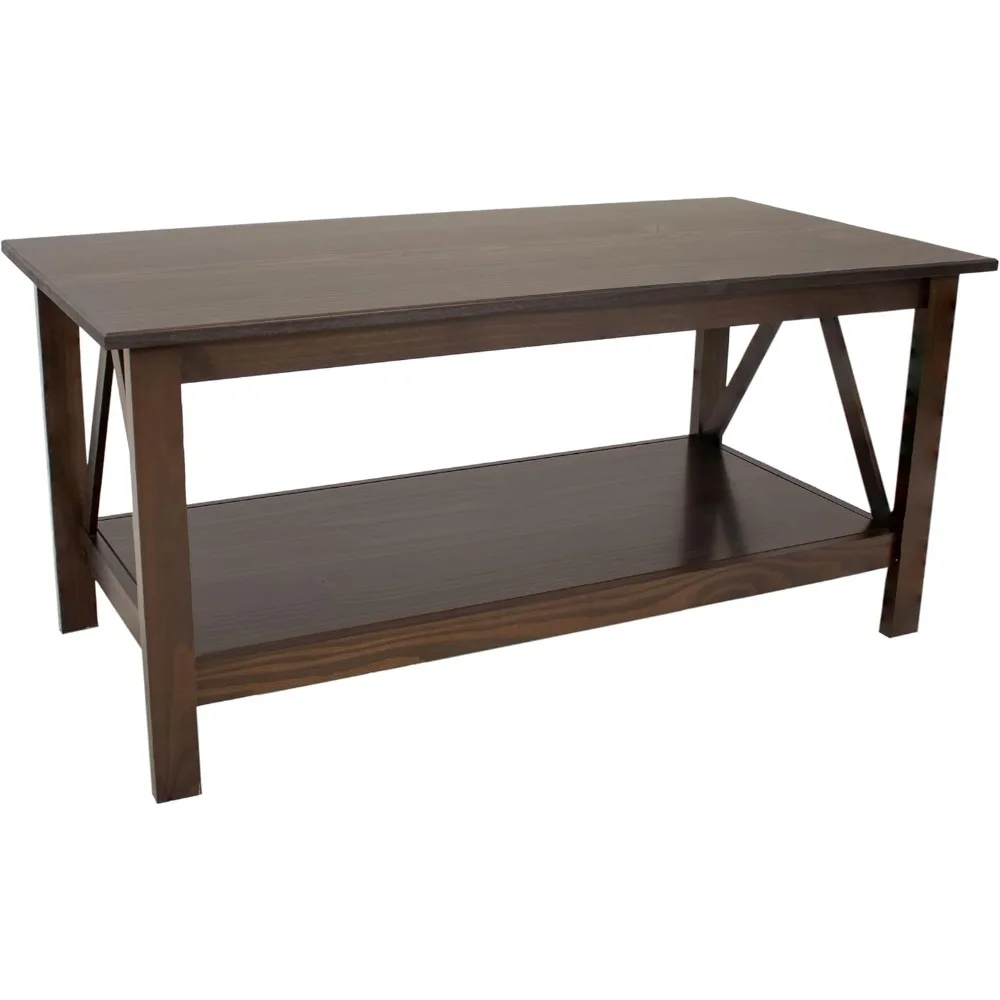 Dark Wood Coffee Table with Storage Shelf - Indoor Solid Pine Wood Center Table for Living Room - Dark Brown - 43.5 W