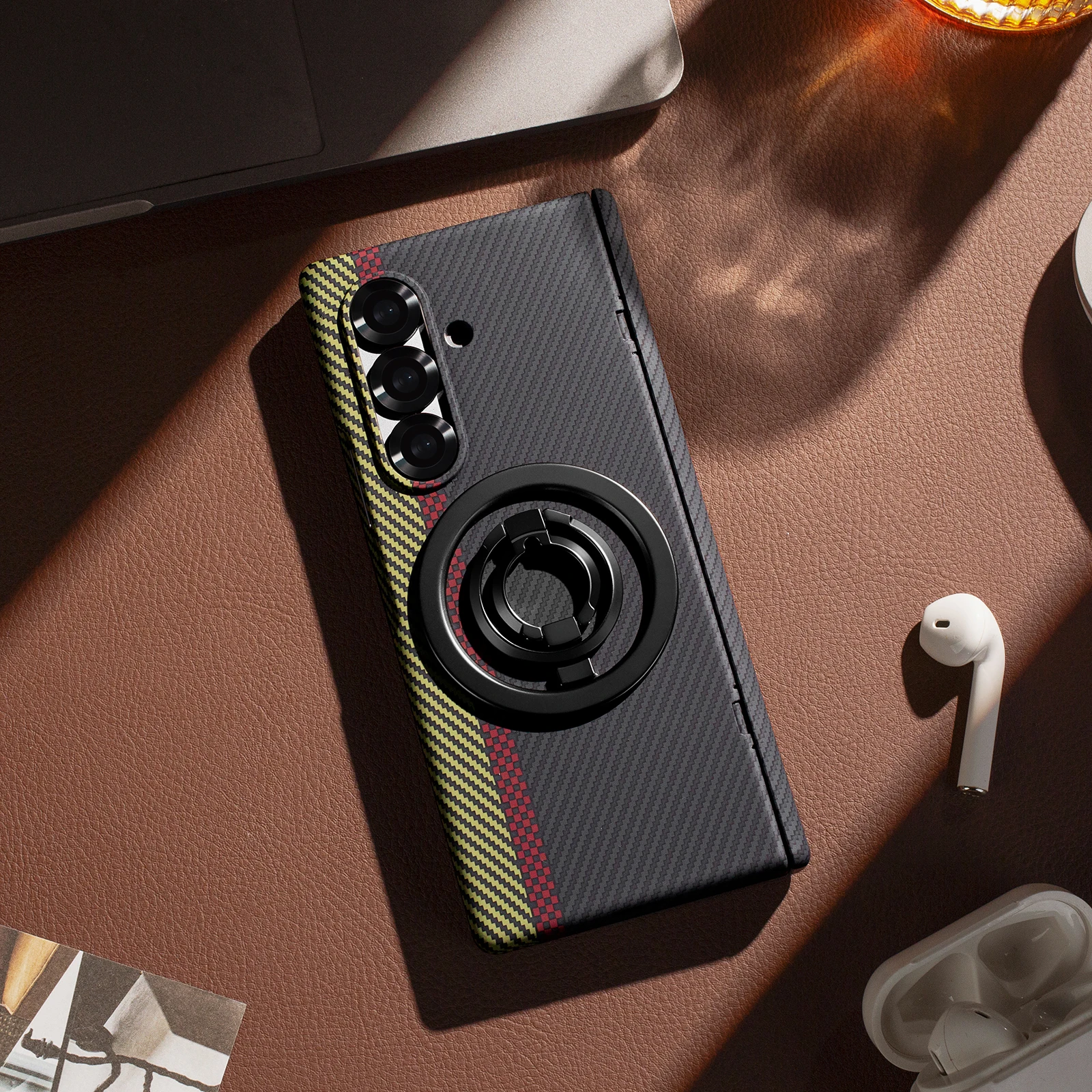 

For Samsung Galaxy Z Fold 7 6 5 4 Carbon Fiber Texture Magsafe Phone Case Outer Screen Glass Film Bracket Hinge Protective Cover