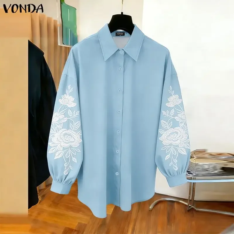 

VONDA женские винтажные топы, модные рубашки с длинным рукавом и вышивкой, элегантные офисные женские блузки 2026, повседневные свободные женские блузки 3XL