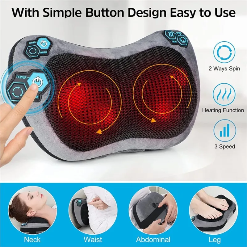 Massage Cushion Heat Relax Neck Massage Back Shiatsu Massager Portable 4 Roller Electric 3D Massager Pillow for Home Office Auto