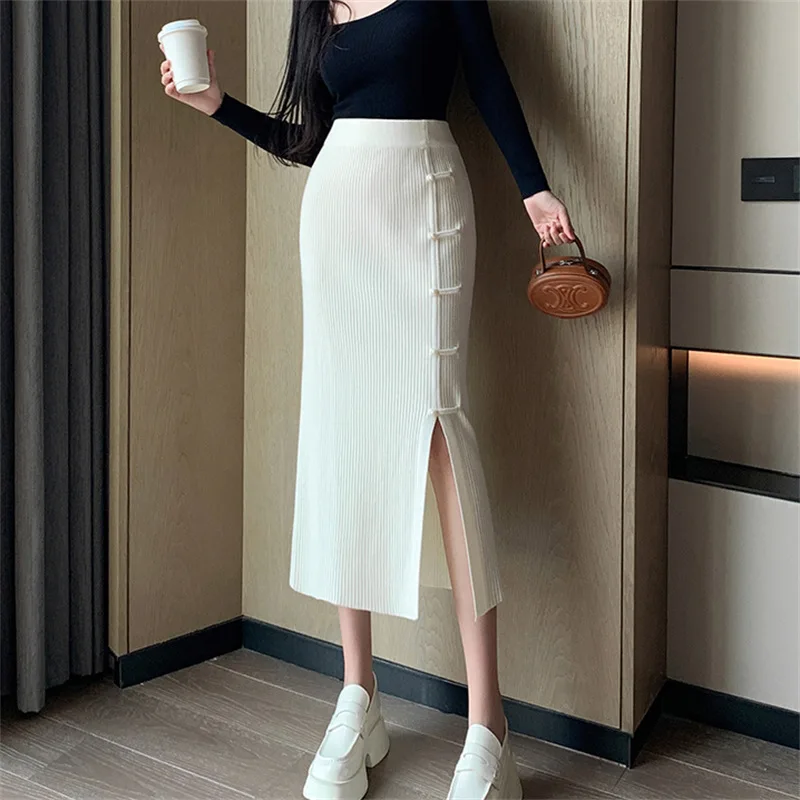 Style chinois tricoté jupes longues pull mince a-ligne hanche taille haute côté fente boutons décontracté bureau dame Streetwear jupes